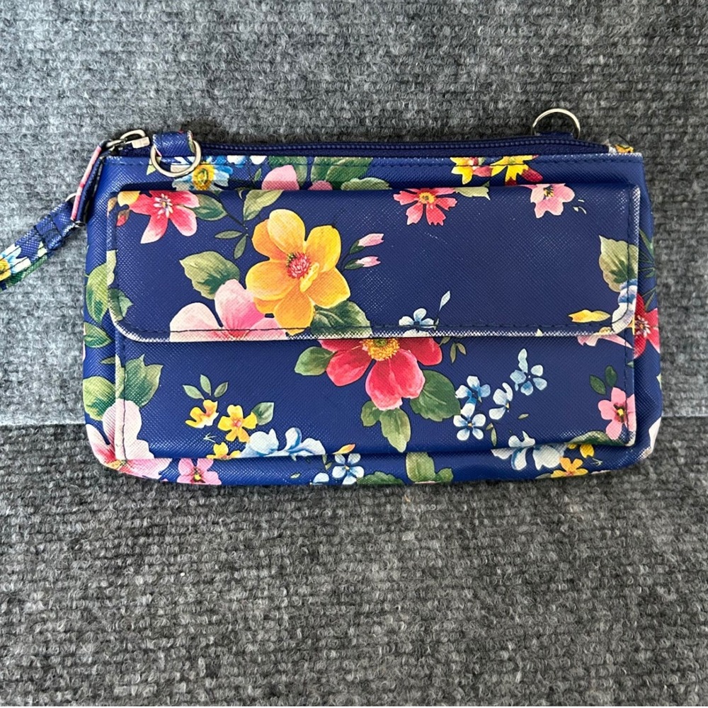 Safe Keeper Floral RFID Organizer Wallet Crossbody Wristlet Navy Blue Multi